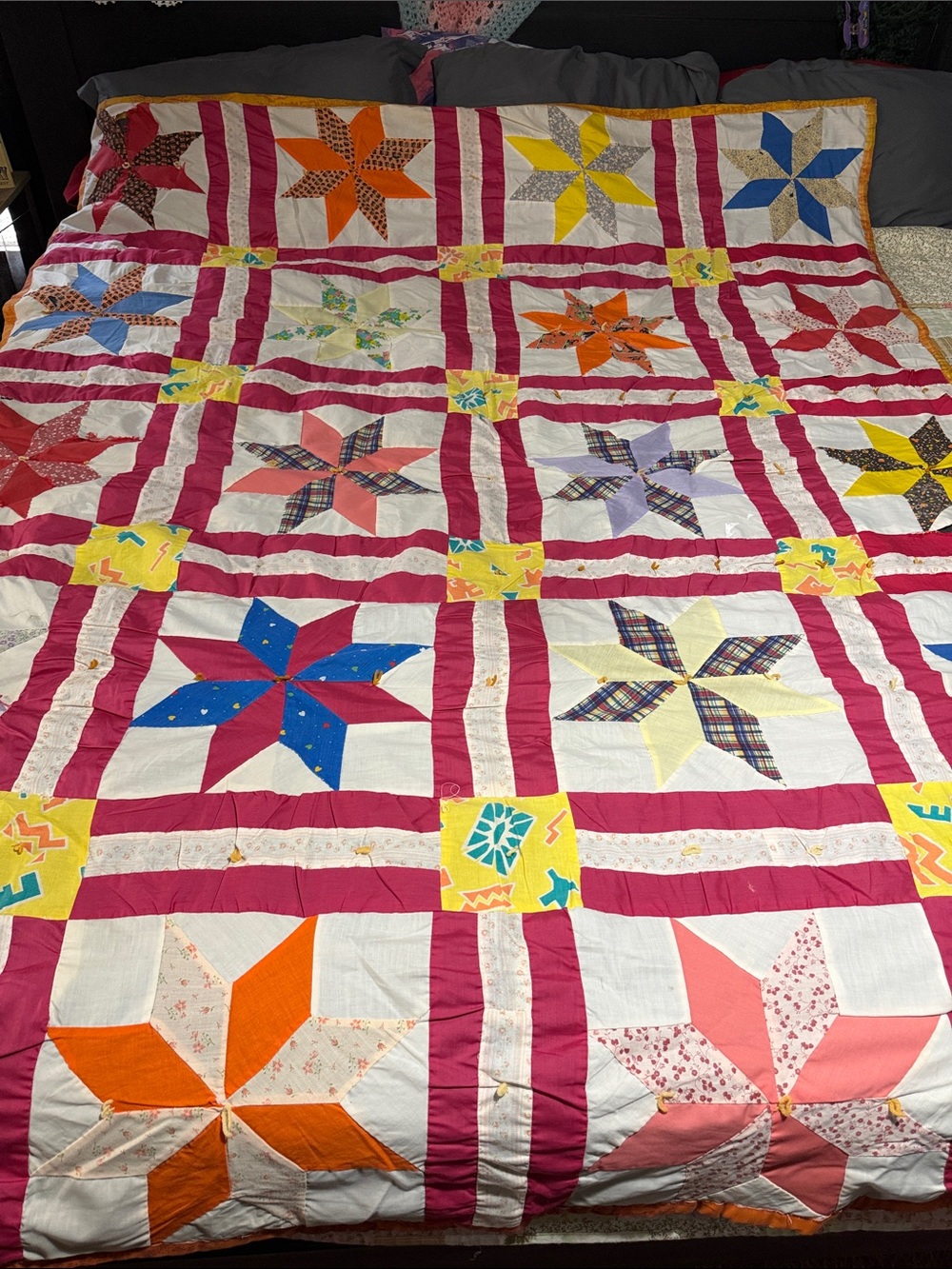 Handmade Star Patchwork Quilt - Multi-Color Cotton Bedding 83” x 68”